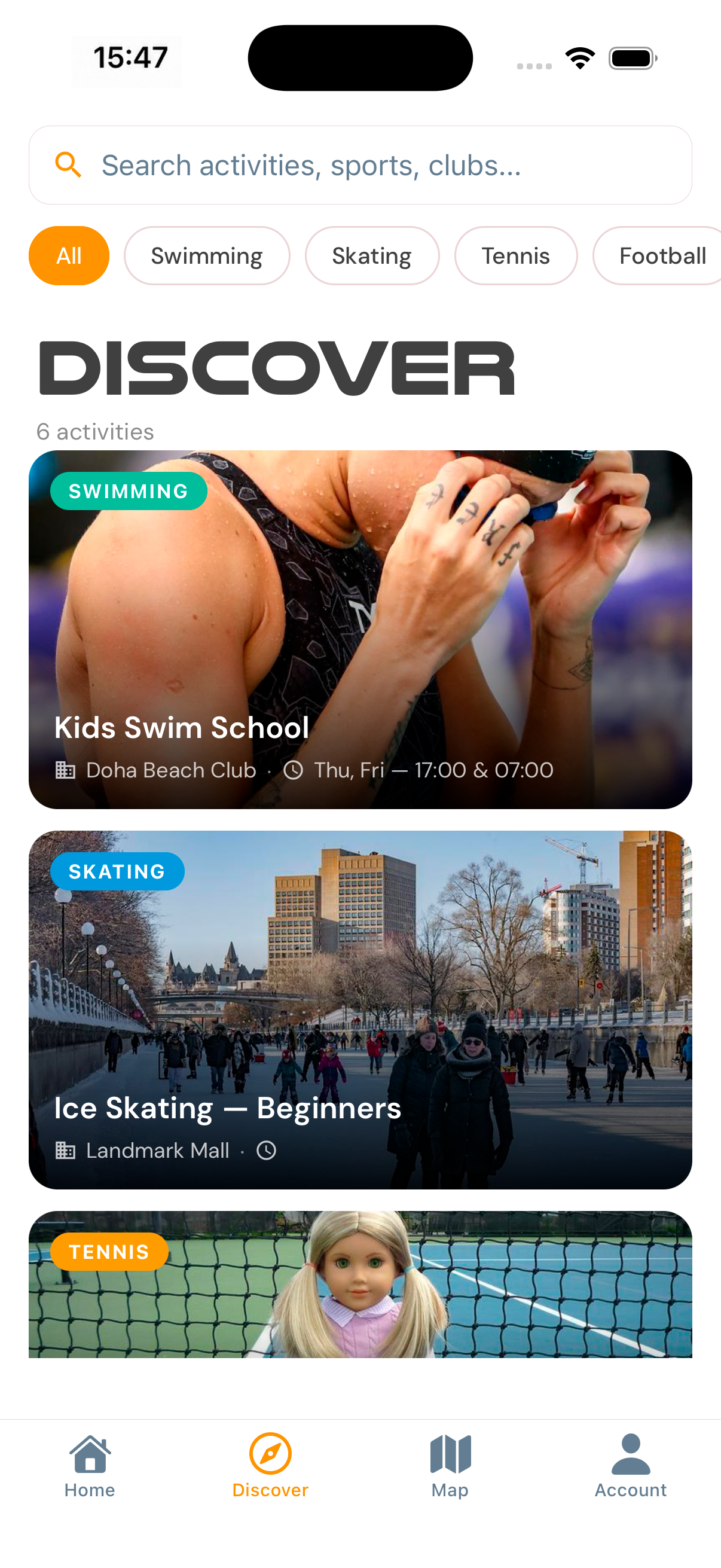Kids Pass app showing the activity catalogue with football, athletics and skating sessions