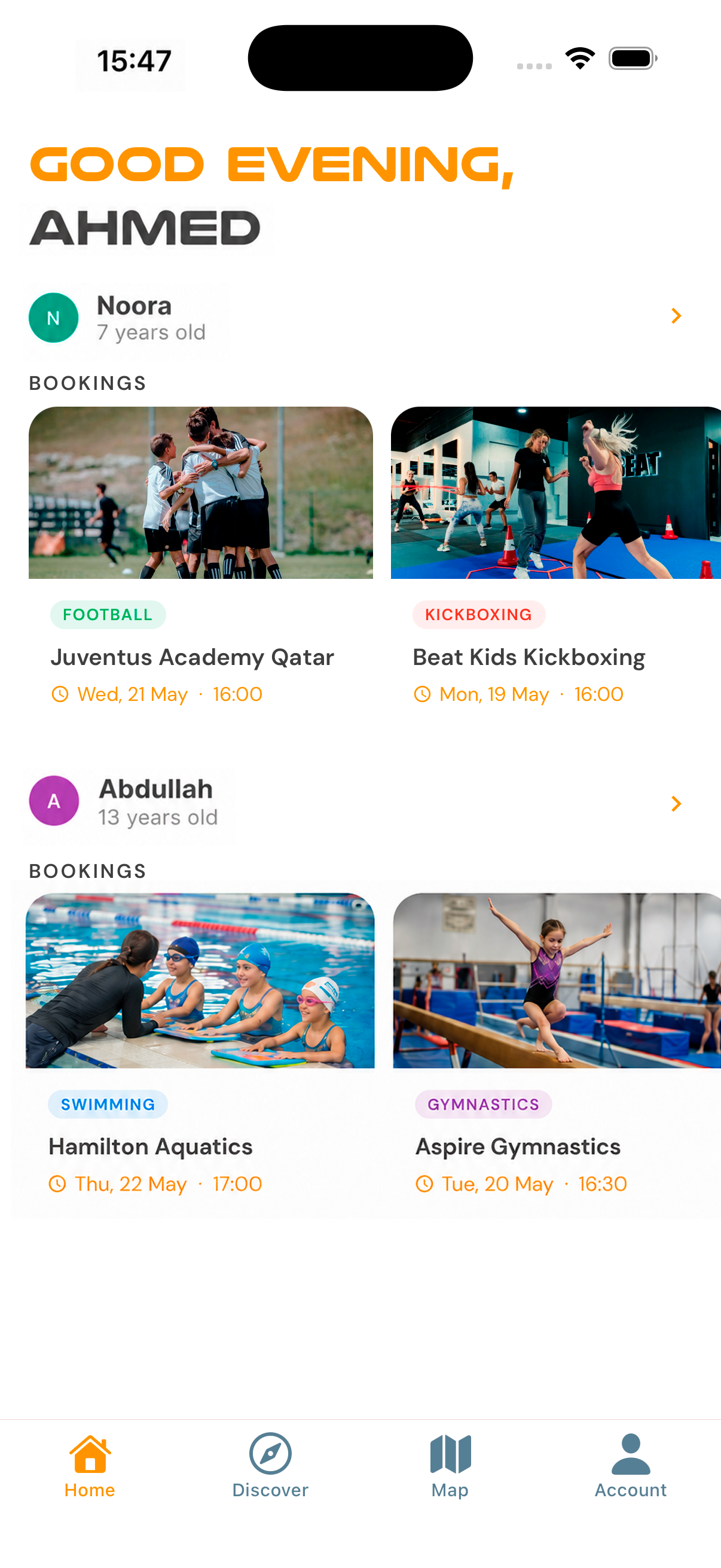 Kids Pass home screen with search bar and favourite clubs