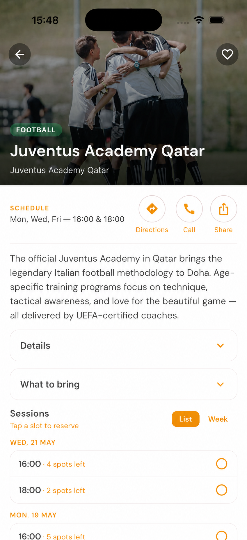 Kids Pass bookings screen with active and past sessions