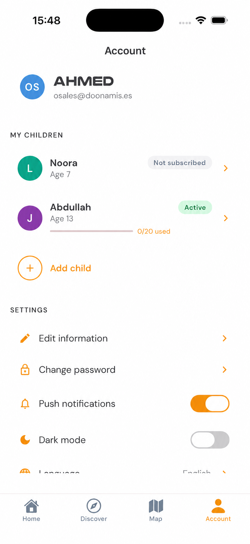 Kids Pass child profile and membership status screen